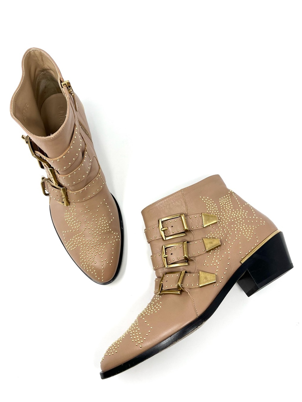 Chloe Susanna Studded Western Ankle Boots Booties Tan Leather Gold Buckle 37.5
